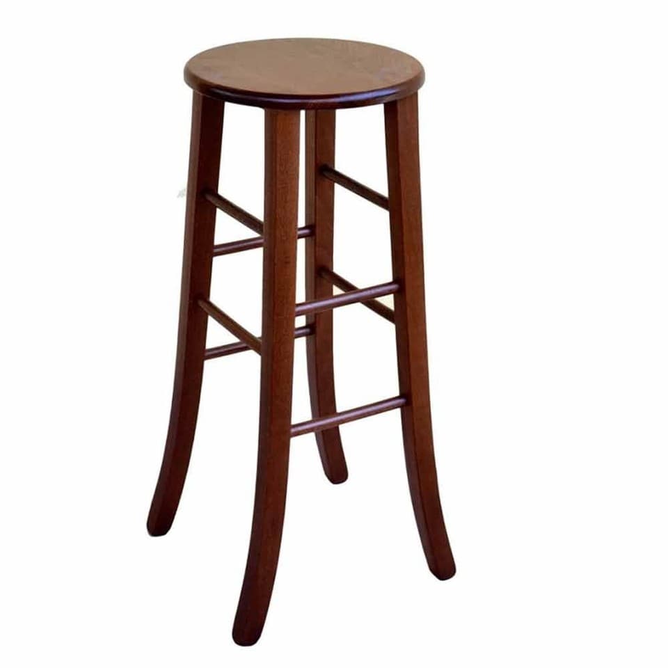 Tabouret En Bois Massif Noyer Foncé H 80 Avec Assise Ronde Et Pieds En Sabre