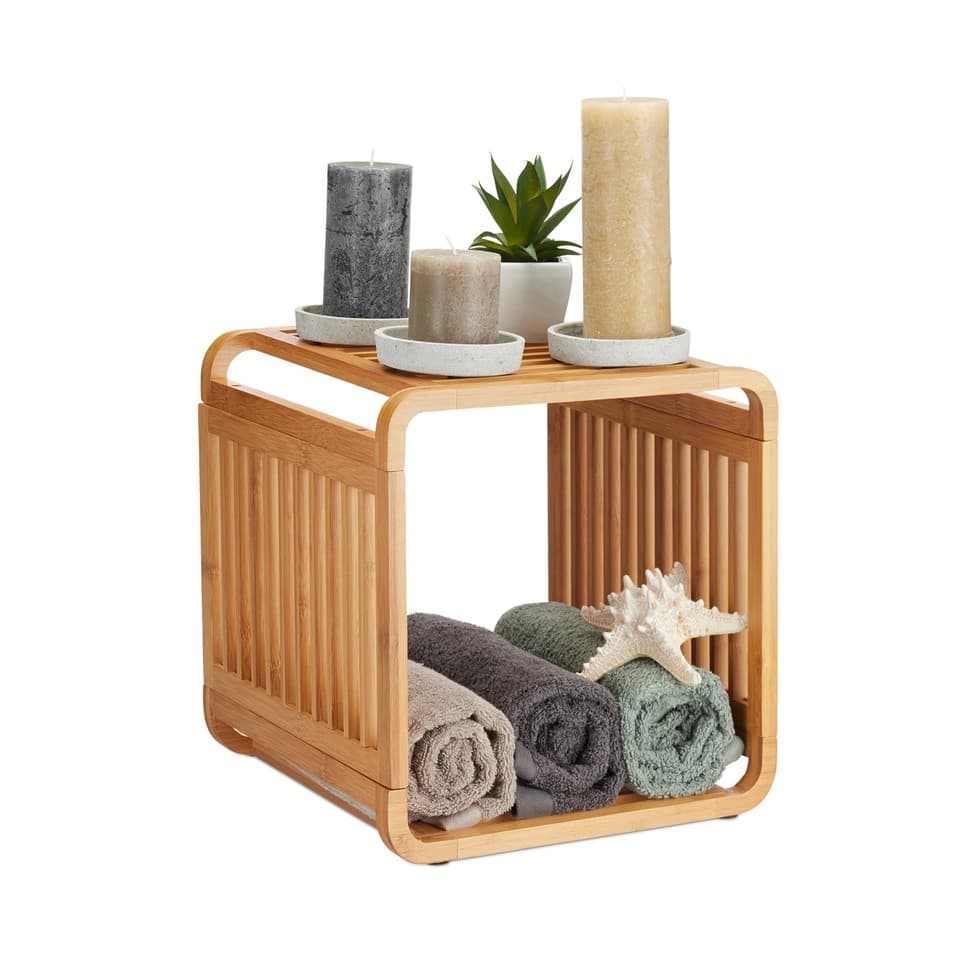 Etagère en bambou 2 étagères coins ronds étagère de salle de bain étagère carrée