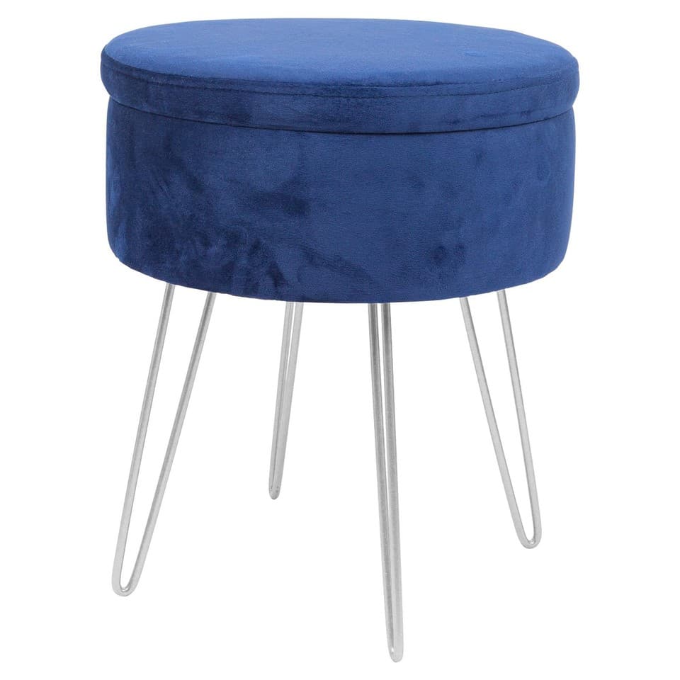 1x Bleu/Argent H45 x D36cm Rond Repose-Pieds de Rangement en Velours Ottoman