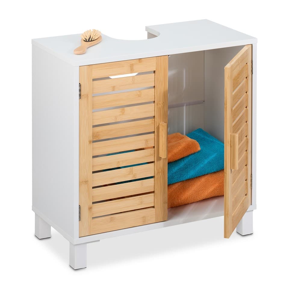 Meuble Armoire salle bain Rangement 2 portes Compartiment intérieur Bambou