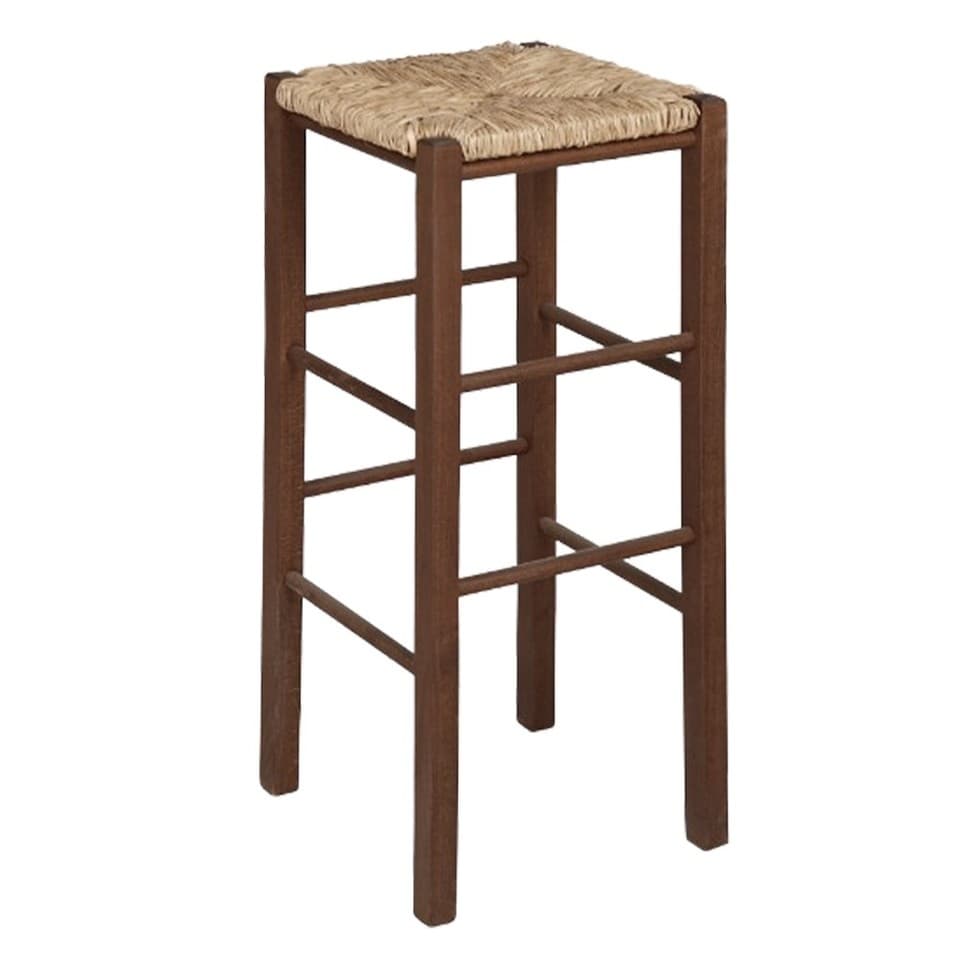Tabouret H 70 Cm En Bois Noyer Foncé Avec Assise Carrée En Paille Jambes Droites