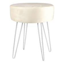 1x Crème/Argent H40 x D35cm Rond Repose-Pieds en Velours Ottoman Tabouret Pouf