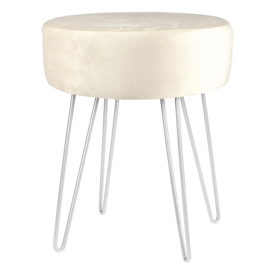 1x Crème/Argent H40 x D35cm Rond Repose-Pieds en Velours Ottoman Tabouret Pouf