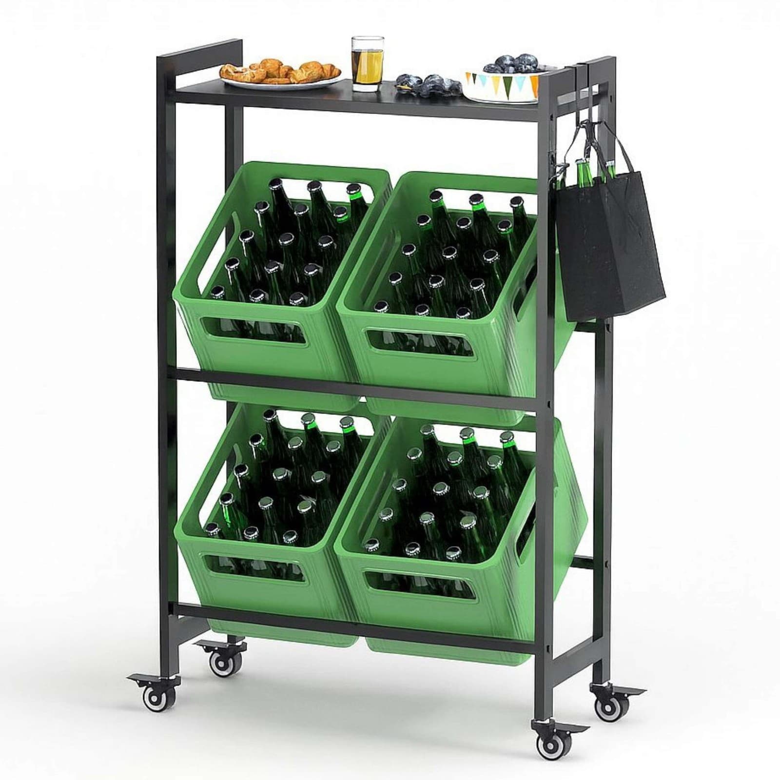 Étagère à boissons 4 boîtes avec rangement roulettes crochet métal noir 96651
