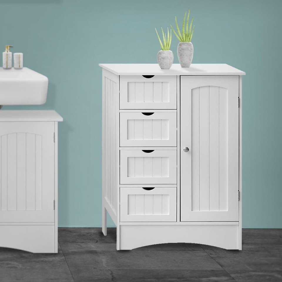 Armoire salle de bain commode avec 4 tiroirs et porte blanc robuste 55x81x30 cm