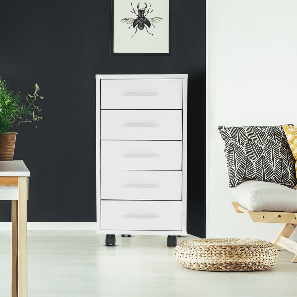 Caisson à 5 tiroirs de bureau avec roulettes armoire de rangement blanc moderne