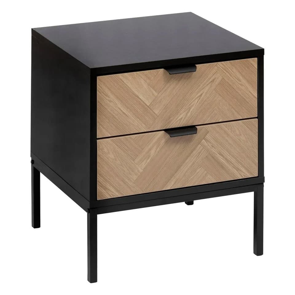 Table de Chevet 2 Tiroirs "Chevrons" 50cm Naturel & Noir