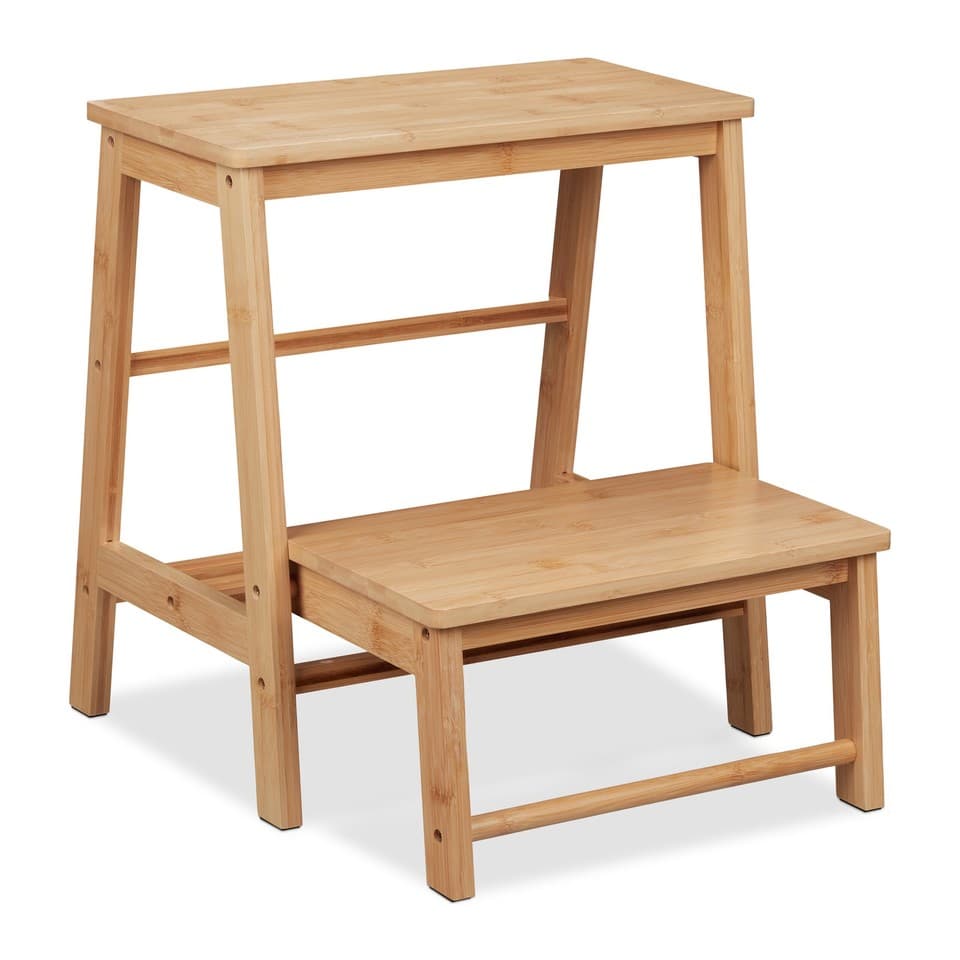Tabouret marchepied en bambou escabeau décoratif 2 niveaux antidérapant léger