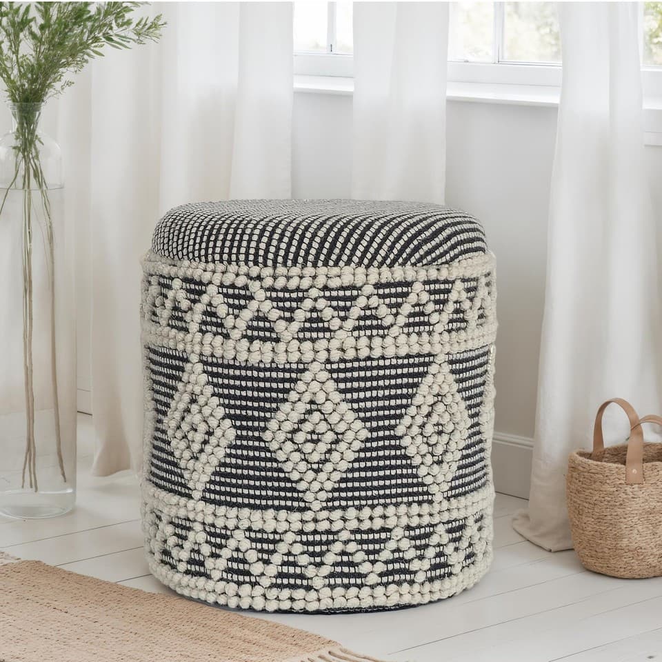 Pouf FineBuy Pouf rembourré Laine Rond Gris 40 cm Pouf Boho avec rangement