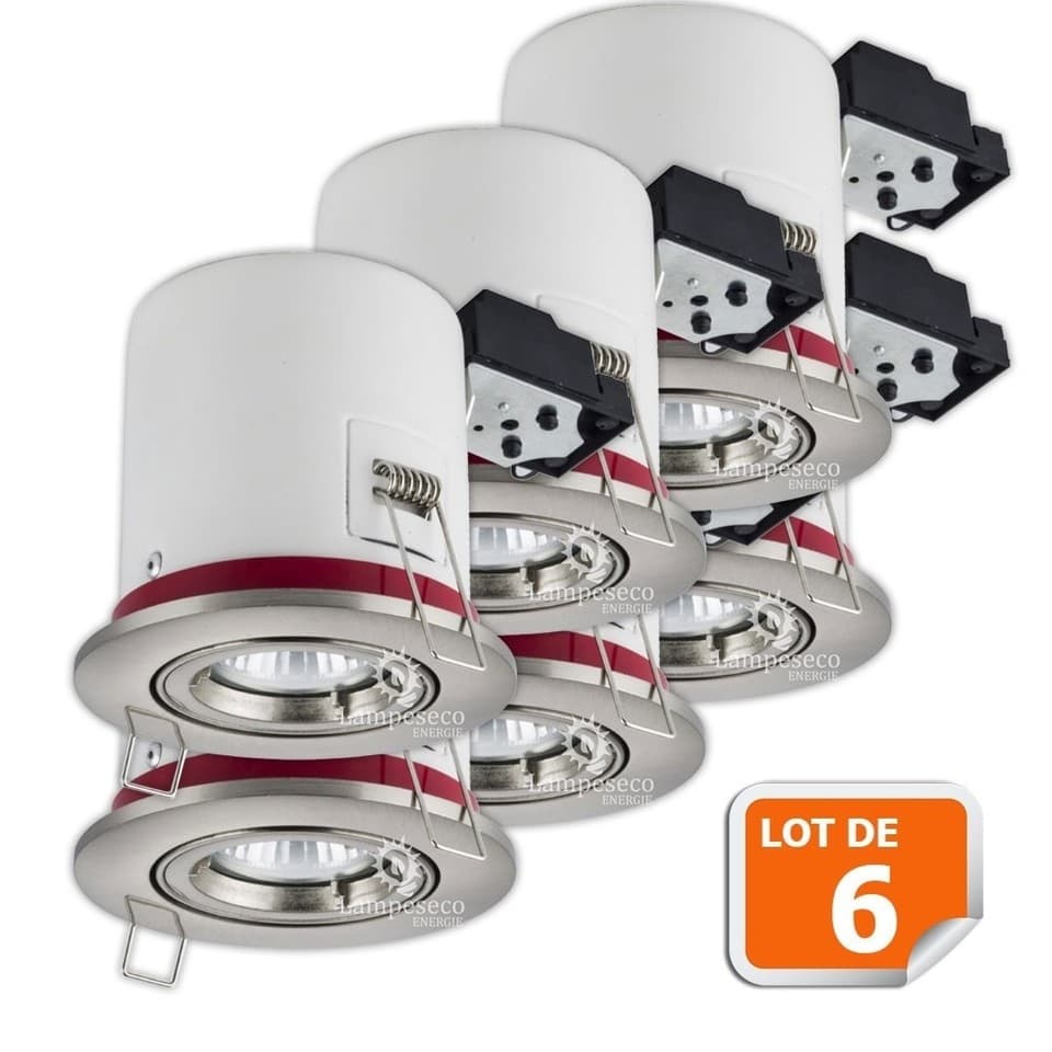 Lot de 6 Support de spot BBC Orientable Alu Brossé 100mm avec douille GU10 autom