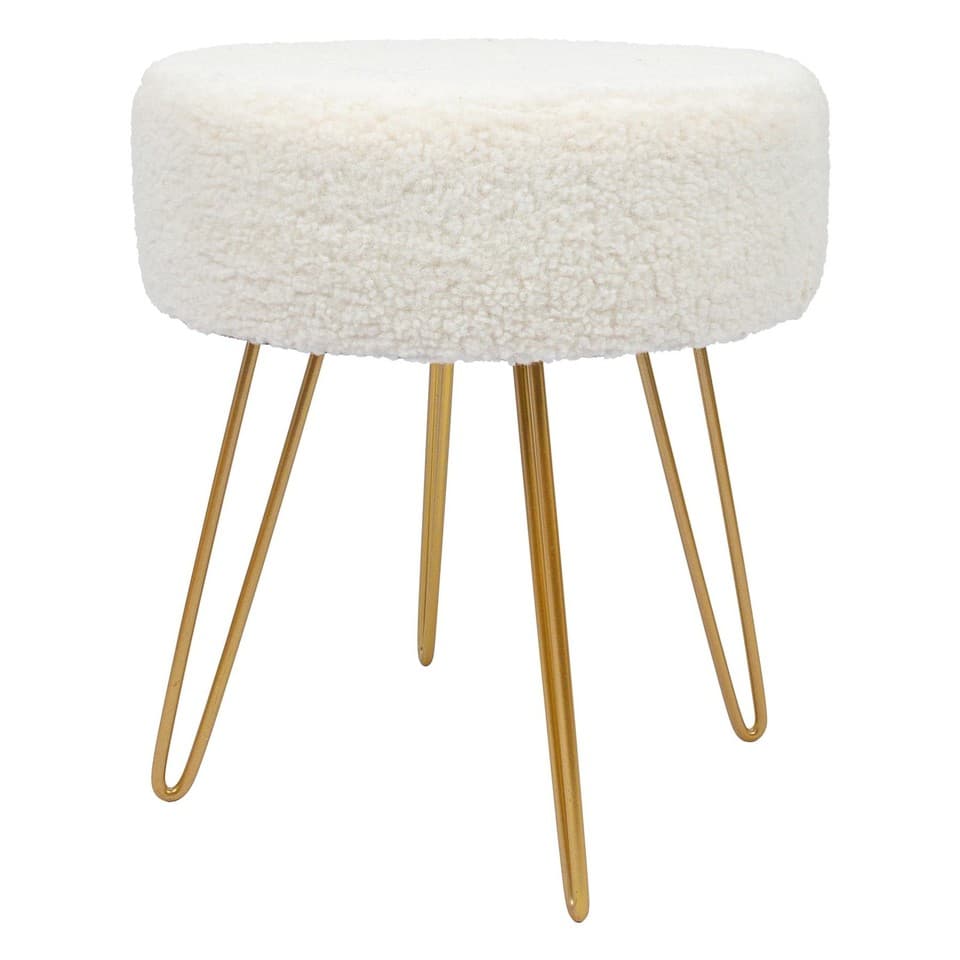 1x Crème/Or H41 x D35cm Rond Repose-Pieds en Boucle Ottoman Tabouret Pouf Siège