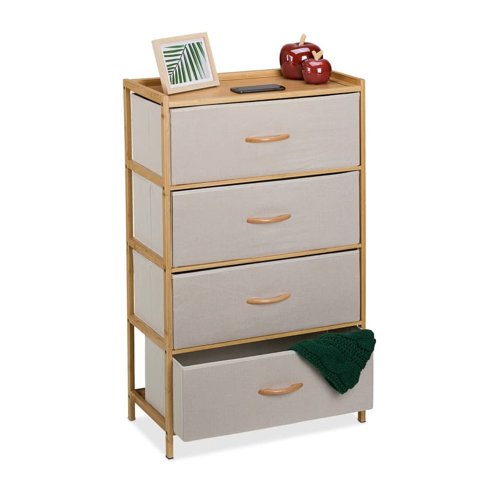 Commode à 4 tiroirs Meuble bambou tissu Buffet surface salon chambre Rangement