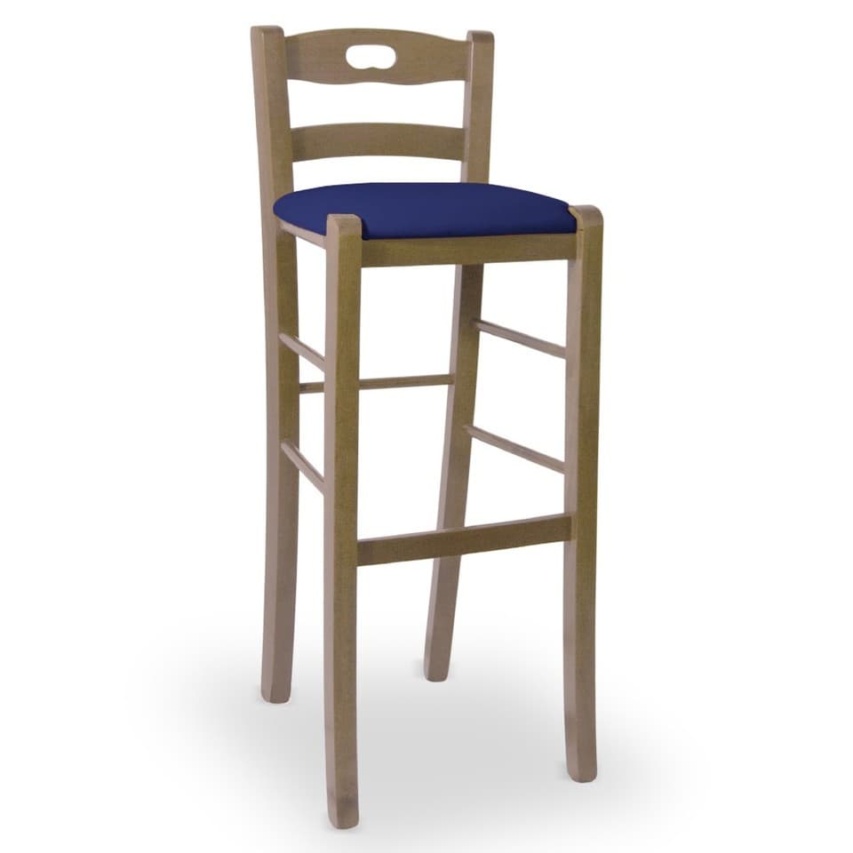 Tabouret H 80 IN Bois Noyer Claire avec Poignée Et Siège Rembourré Simili Bleu