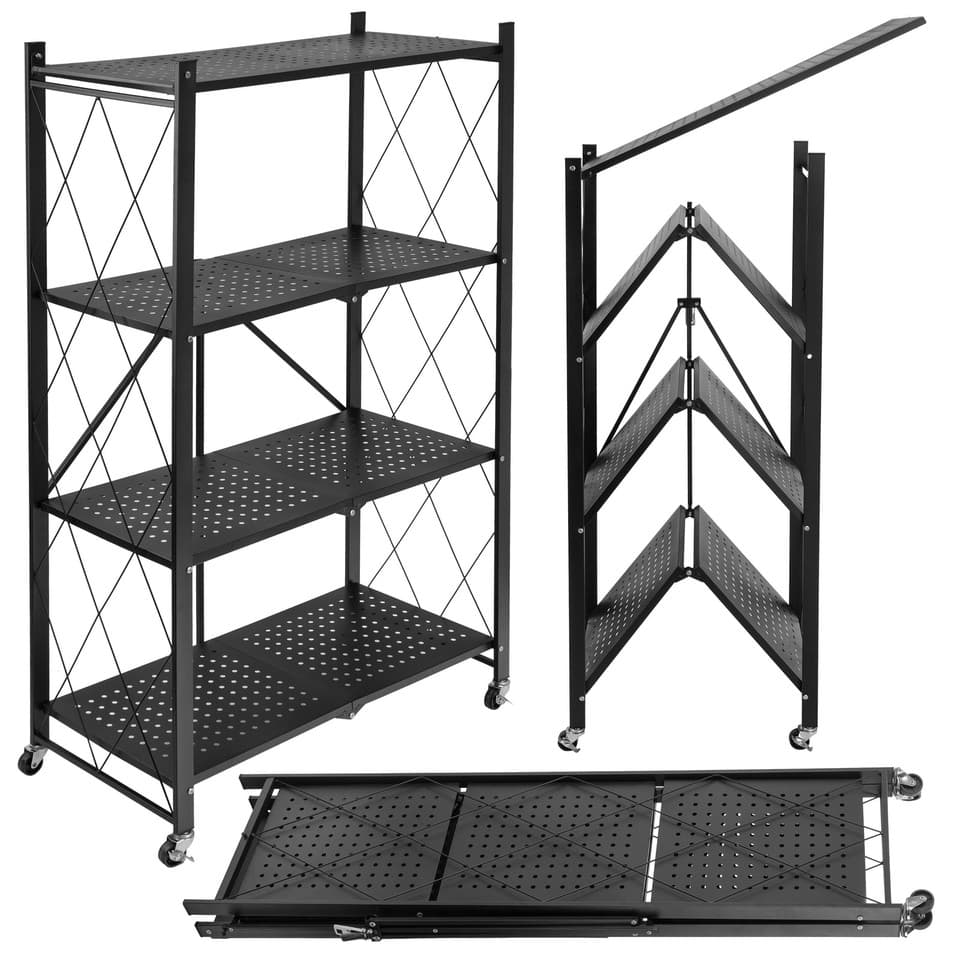 Étagère pliante GESTEL à 4 niveaux, noire, sur roulettes