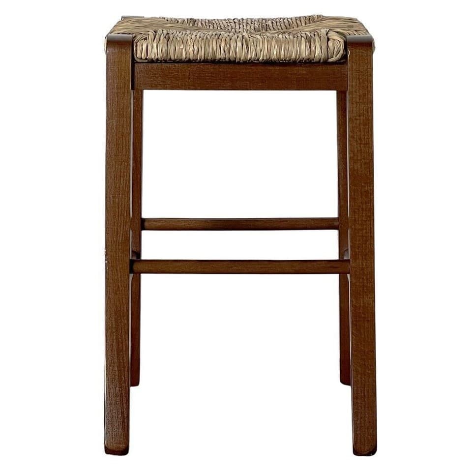 Tabouret Bois Noyer Sombre H 47 CM Avec Siège Carré En Paille Et Jambes Courbées