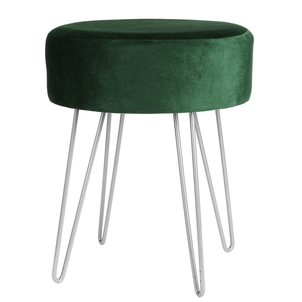 1x Vert/Argent H40 x D35cm Rond Repose-Pieds en Velours Ottoman Tabouret Pouf