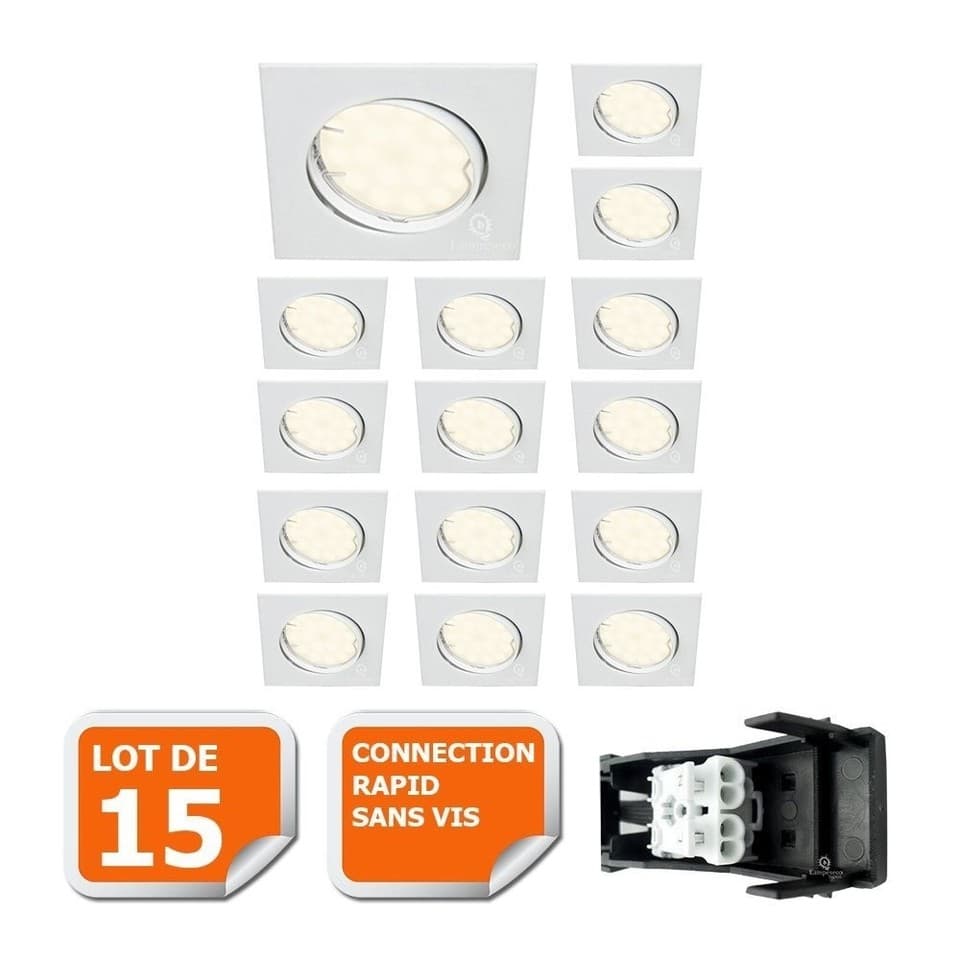 Lot de 15 Spot encastrable orientable LED carré GU10 230V équivalent 50W blanc n