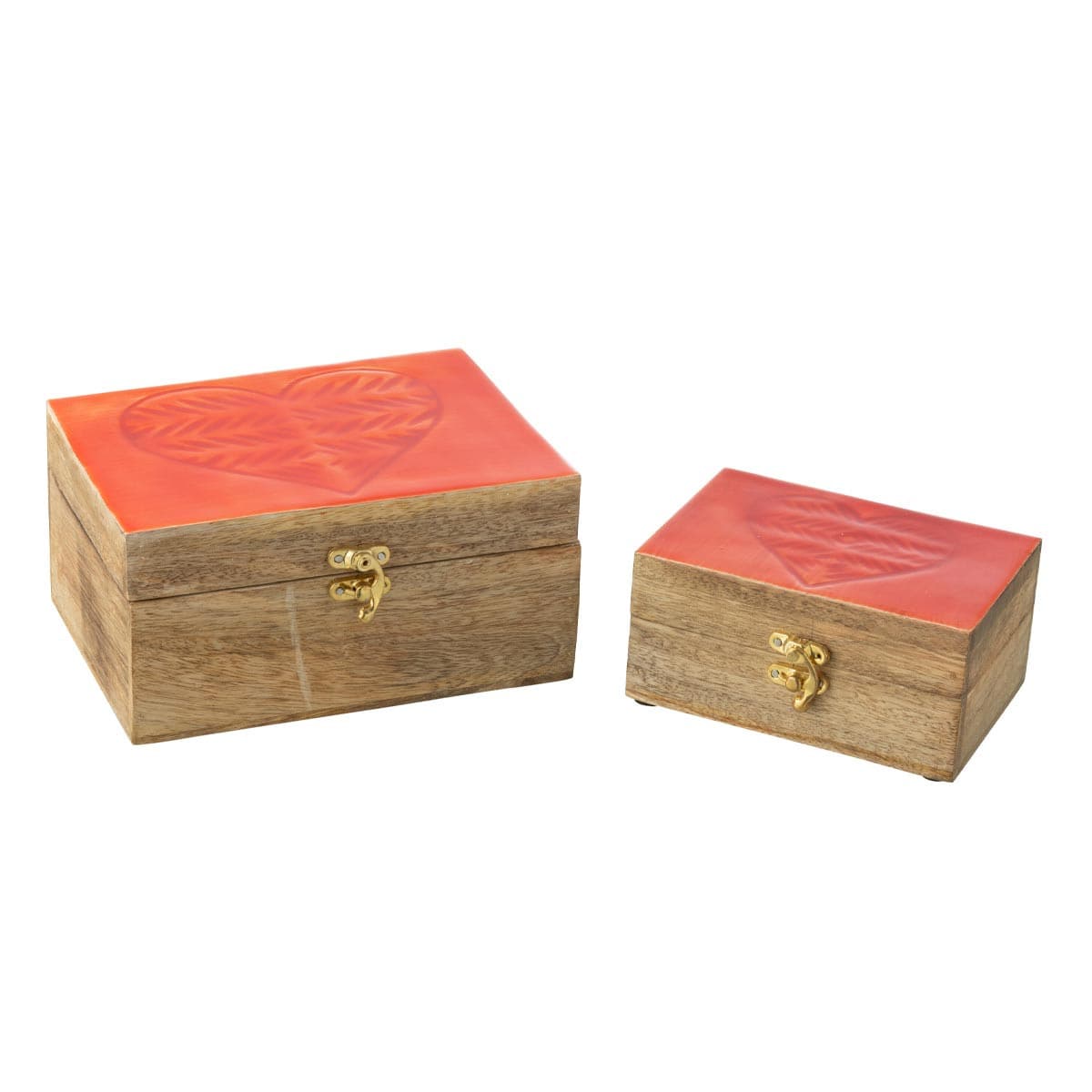 Lot de 2 Boîtes Déco en Bois "Cœur" 20cm Rouge & Naturel