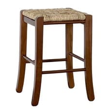 Tabouret Bois Noyer Sombre H 47 CM Avec Siège Carré En Paille Et Jambes Courbées