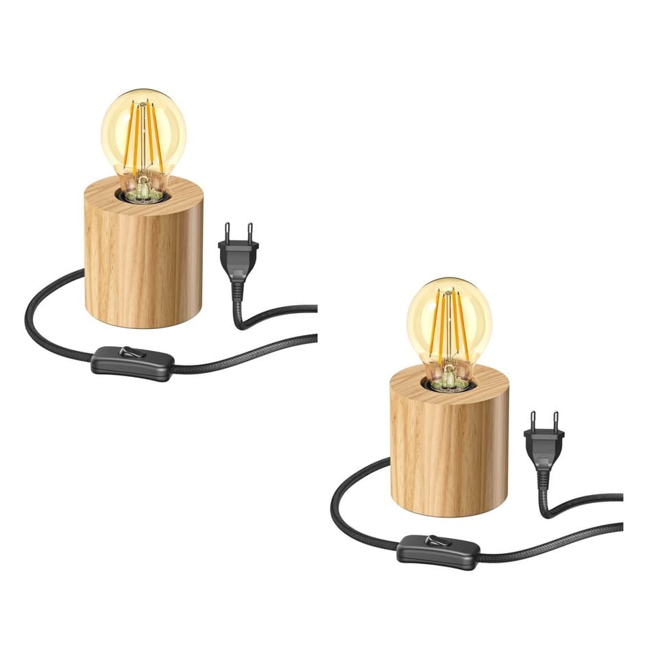 2x lampe de table HITO interrupteur bois véritable (hévéa) rond marron clair