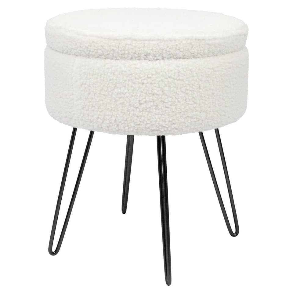 1x Crème/Noir H46 x D37cm Rond Repose-Pieds de Rangement en Boucle Ottoman Siège