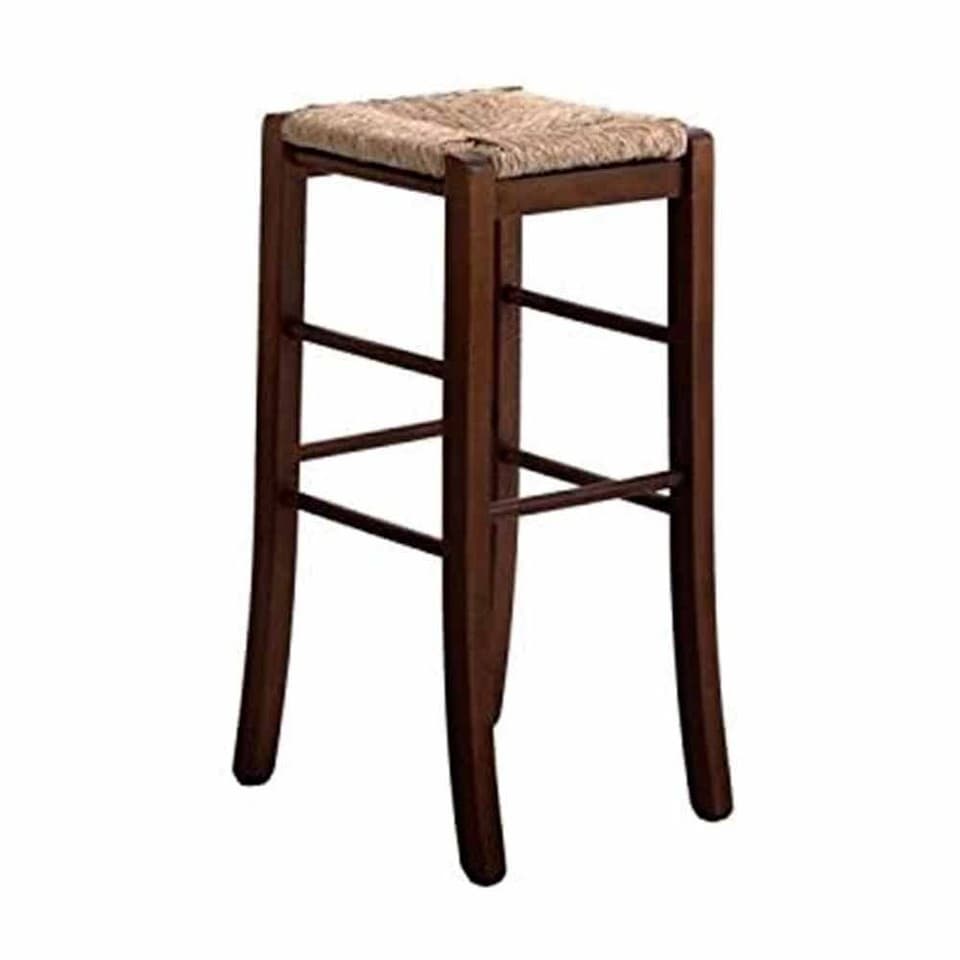 Sgabello Haut 67 cm en Bois Noyer Foncé, Assise Carrée en Paille, Pieds à Sabre