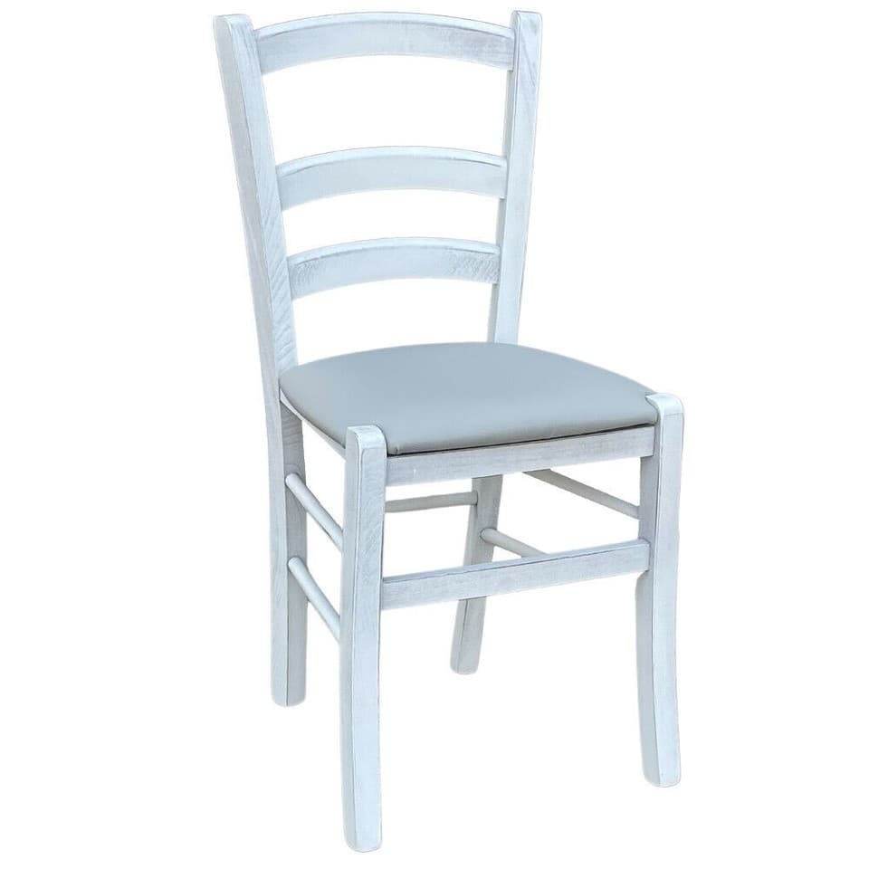 Chaise En Bois Venezia Antiquée Blanche Avec Assise Similicuir Couleur Glace