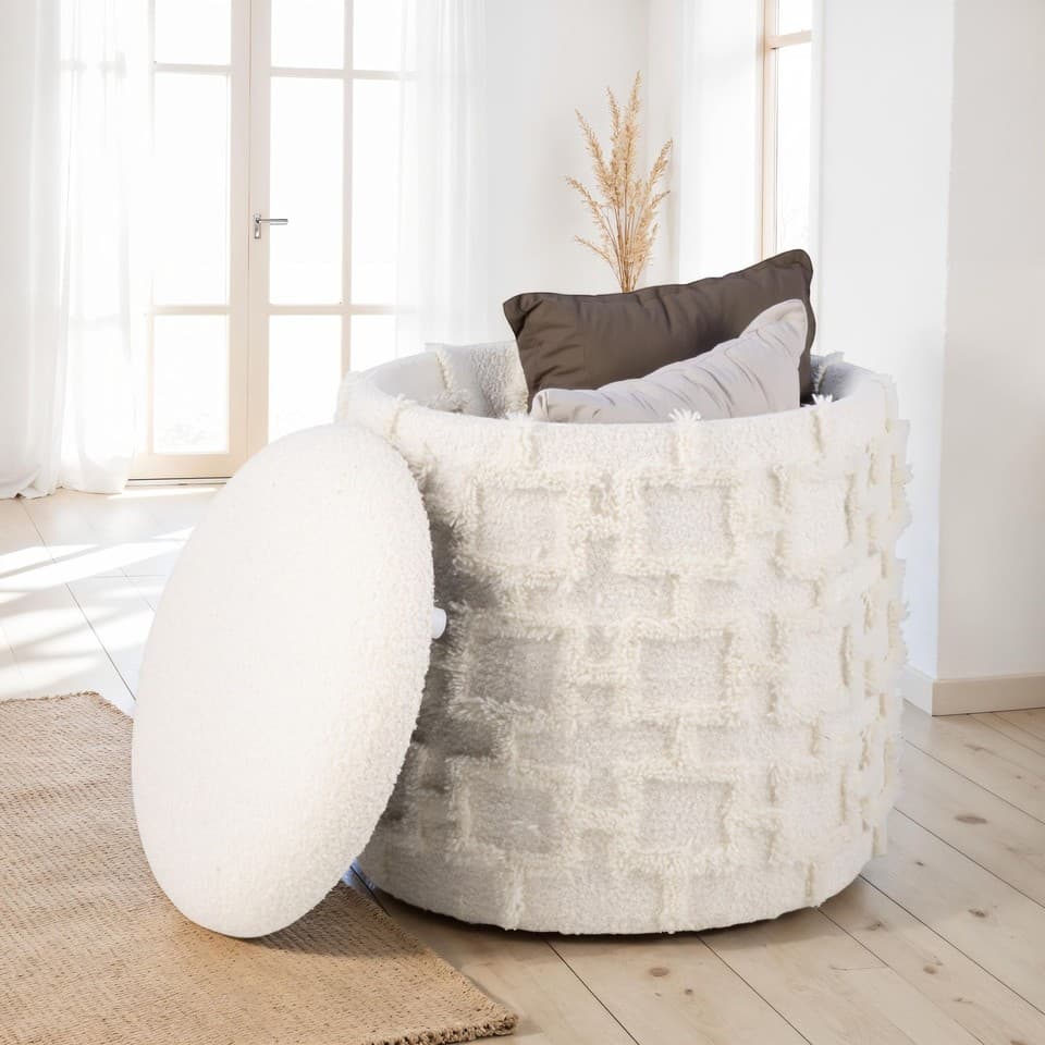 FineBuy Tabouret Rond Crème avec Rangement Tissu Doux Salon Chambre Entrée