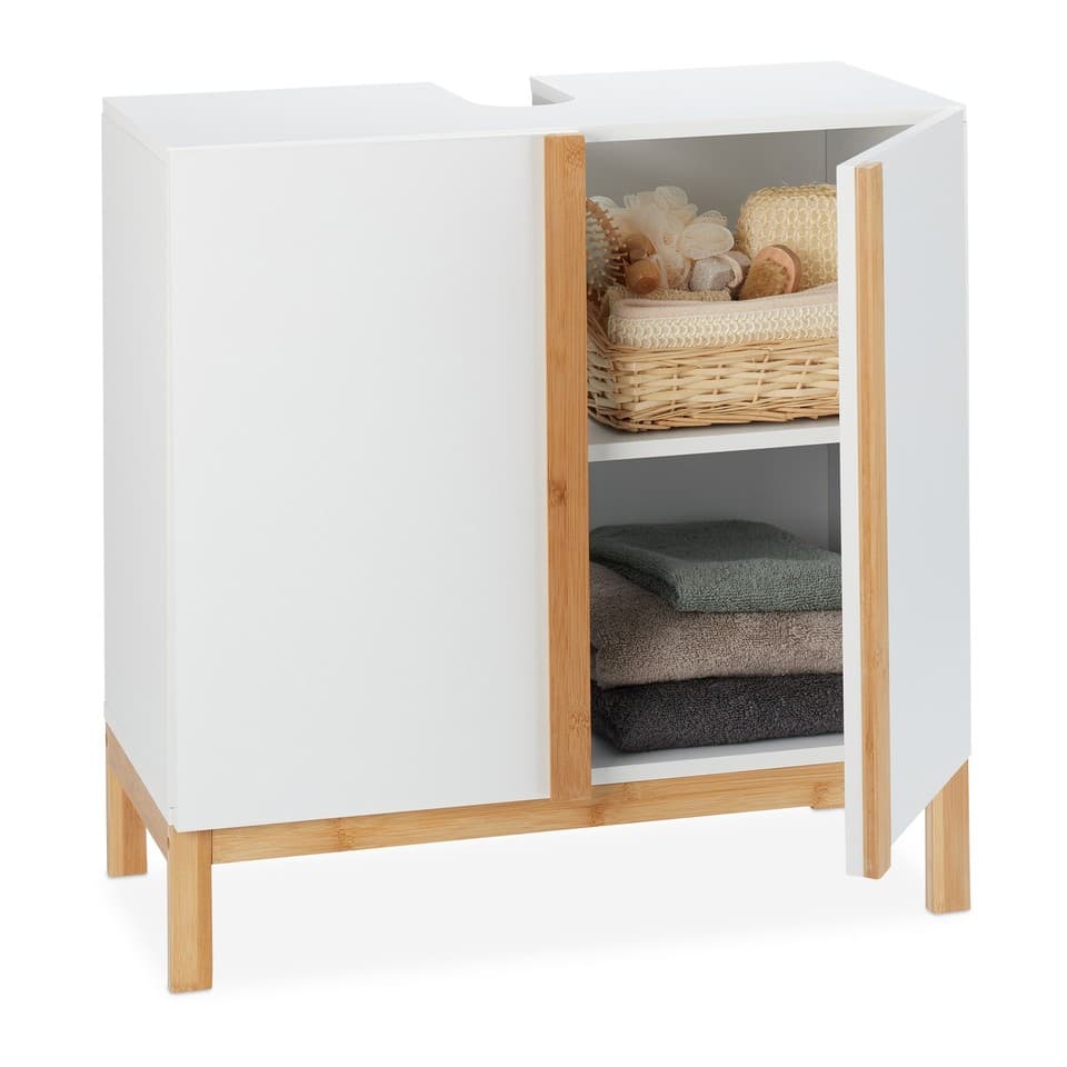 Meuble sous-lavabo blanc en bambou placard de salle de bain 2 compartiments